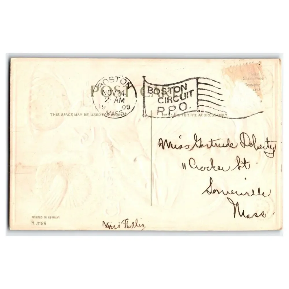 1909 Thanksgiving Pilgrim Woman Turkey Pudding RPO Postcard